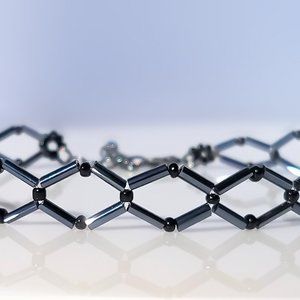 Gunmetal Rhombus Necklace Beaded Hematite Grey Diamond Pattern Women's Choker